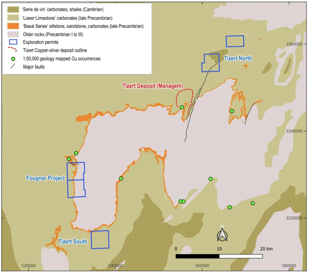 Geological map of the Tizert Group of Projects showing Tizert North, Fougnar and Tizert South exploration permits relative to the Tizert copper-silver deposit