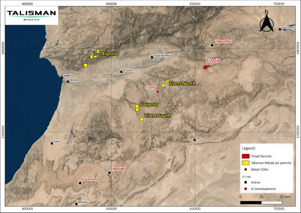 Map of Talisman Metals' Moroccan project areas showing Tirzzit relative to the Zgounder Silver Mine and the Tizert Cu-Ag deposit